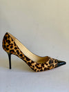 JIMMY CHOO Brown Leopard Print Pony Hair and Patent Leather Point Toe Pumps