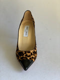 JIMMY CHOO Brown Leopard Print Pony Hair and Patent Leather Point Toe Pumps