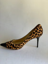 JIMMY CHOO Brown Leopard Print Pony Hair and Patent Leather Point Toe Pumps