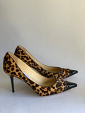 JIMMY CHOO Brown Leopard Print Pony Hair and Patent Leather Point Toe Pumps