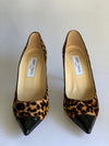 JIMMY CHOO Brown Leopard Print Pony Hair and Patent Leather Point Toe Pumps
